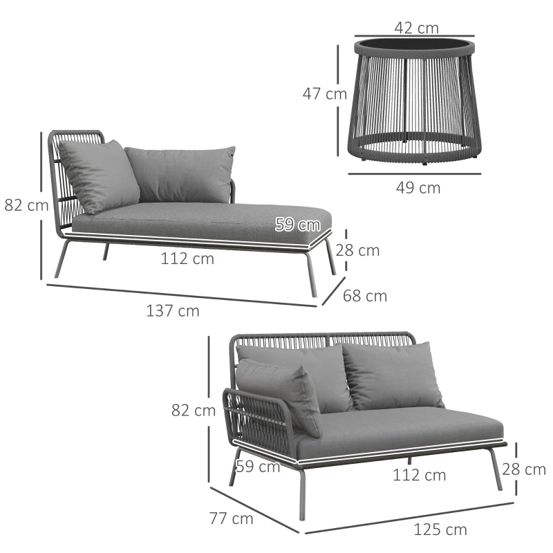Outsunny Set Mobilier de Grădină din 3 Piese cu Canapea, Şezlong cu Perne şi Măsuţă, 125x77x82 cm, Gri Deschis(m-3)