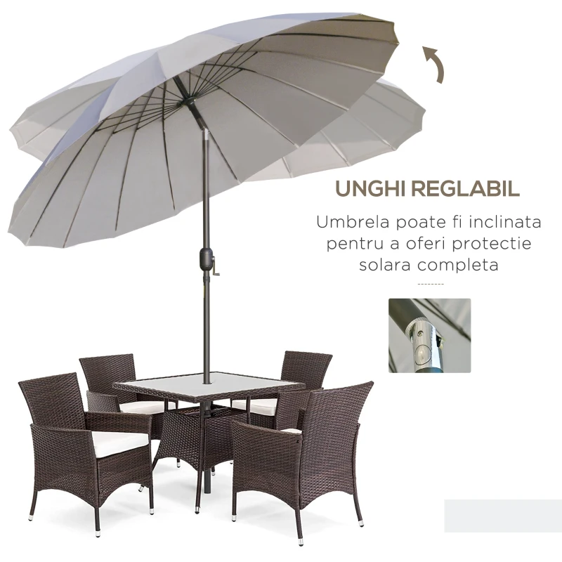 Outsunny Umbrelă de Grădină Înclinabilă cu Manivelă și 18 Spițe din Metal și Poliester, Ø250x240 cm, Gri Deschis