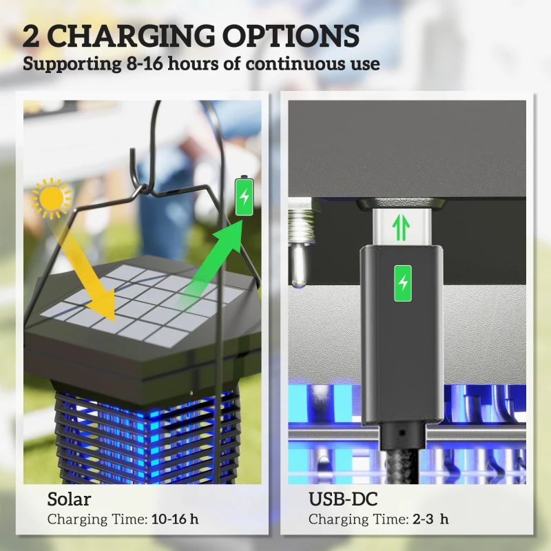 Outsunny 2-in-1 Electric Fly Zapper with UVA Light, Hanging Garden Lantern, Solar and USB-DC Rechargeable Insect Mosquito Bug Zapper, Fly Killer for Indoor and Outdoor Use, Black