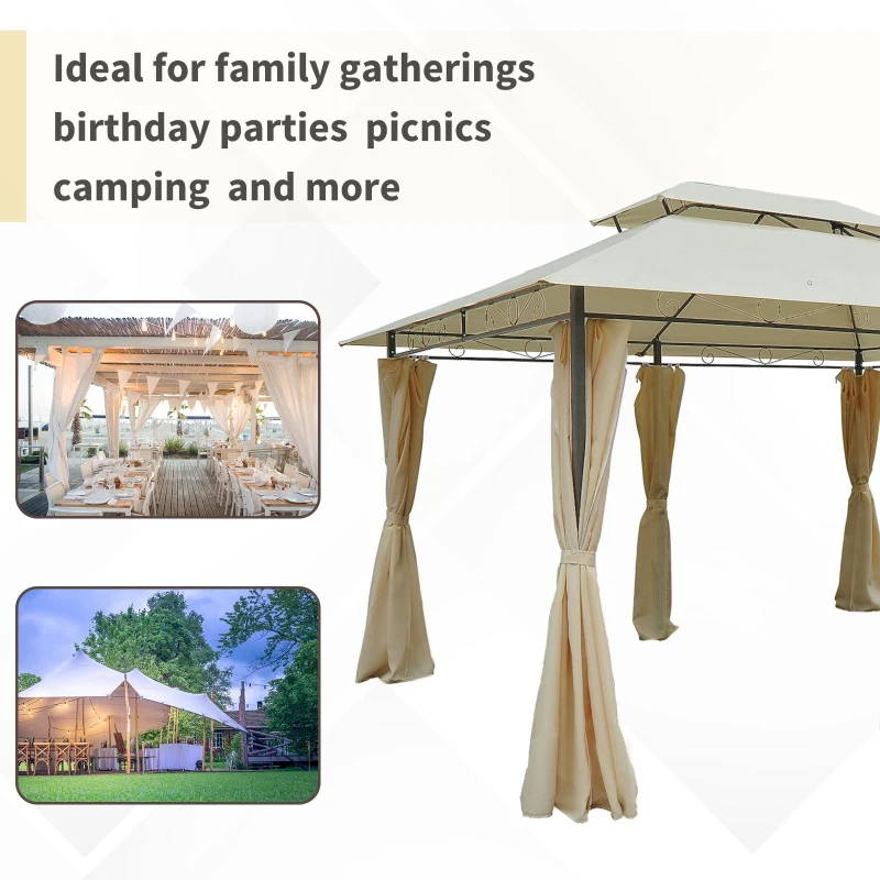 Outsunny 4x3m Gazebo with Curtains, Double Roof Outdoor Shelter for Garden, Solid Steel Frame, Perfect for Lawn & Deck, Beige