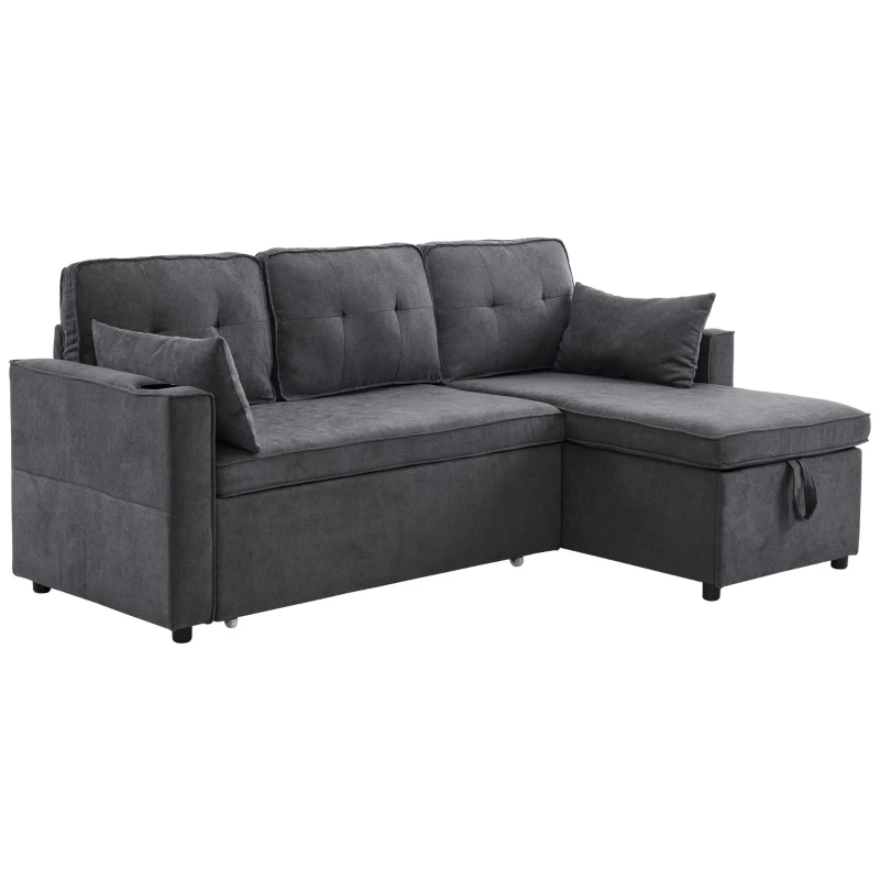 3-in-1 Convertible Sofa Bed with Internal Storage Chaise, L Shaped Sleeper Sofa with Cup Holders and Pillows, 211L x 130W x 86H cm, Grey