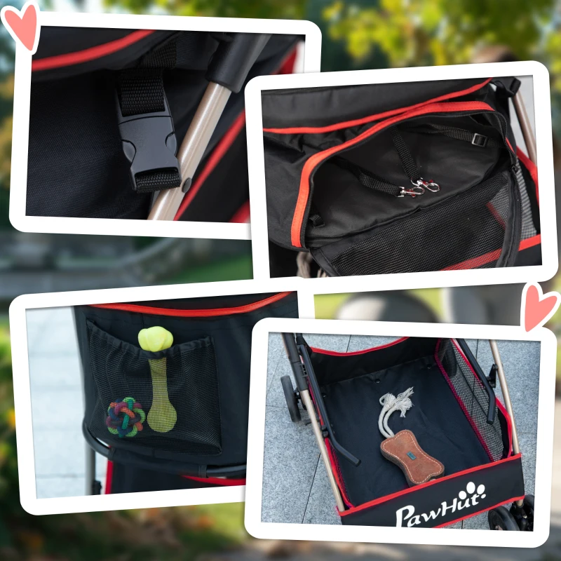 PawHut Cărucior pentru Câini Pliabil și Convertibil în Geantă de Transport cu 2 Lese și Pernă, 82x49.5x98 cm, Roșu