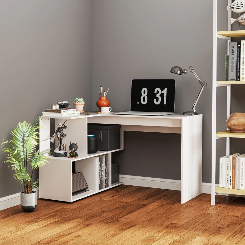 HOMCOM Birou în Formă de L cu 4 Compartimente de Depozitare, 120x100x77 cm, Alb Lucios(m-6)