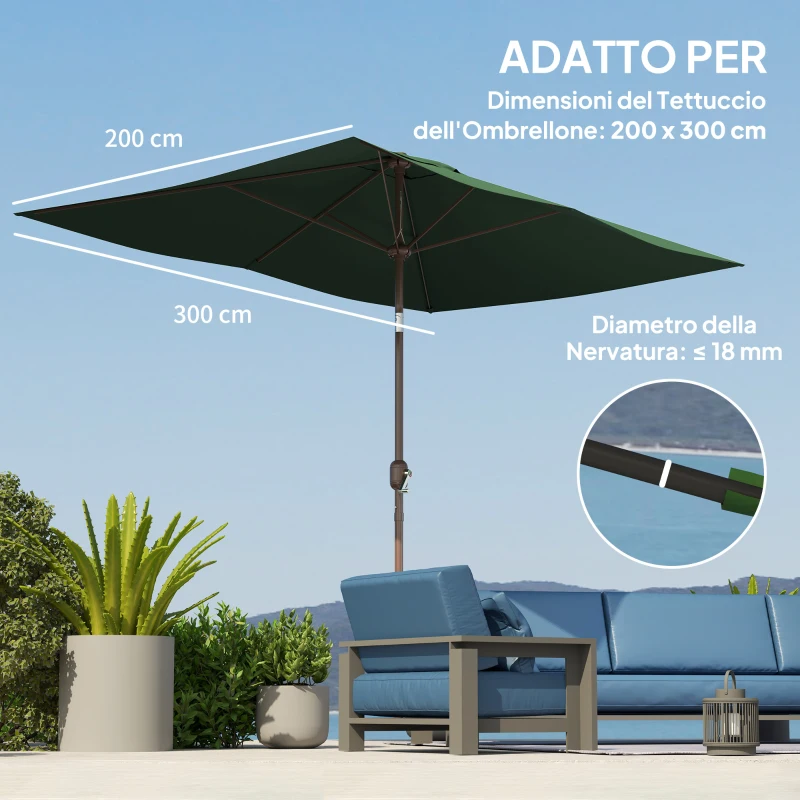 Outsunny Telo di Ricambio per Ombrellone Rettangolare 3x2 m a 6 Stecche, Poliestere Anti UV 50+, Verde