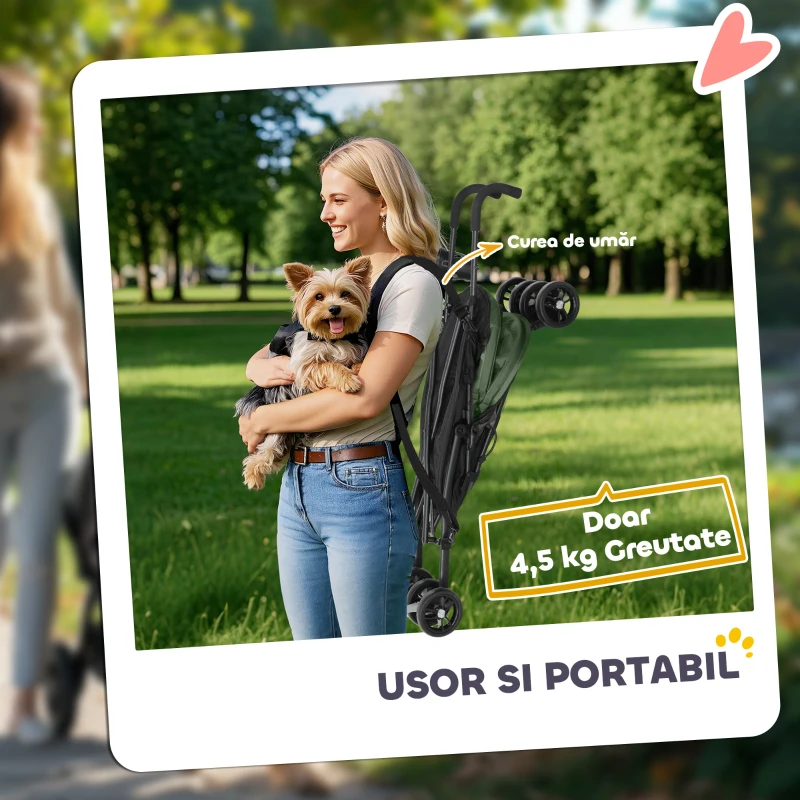 PawHut Cărucior Pliabil pentru Câini cu Lese, Geantă de Depozitare și Suport pentru Pahare, 76x44x103 cm, Verde