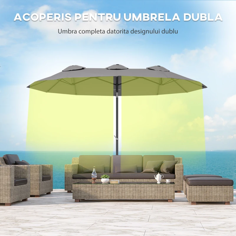 Outsunny Umbrela de Gradina Dubla inclinabila 45°, cu Manivela si 3 Orificii de Ventilatie, 295x152x222 cm, Gri