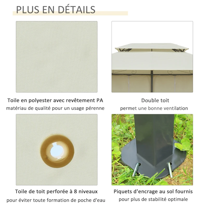 Outsunny Tonnelle Barnum pavillon de Jardin Style Colonial Double Toit Toiles latérales Amovibles 3L x 4l x 2,8H m crème