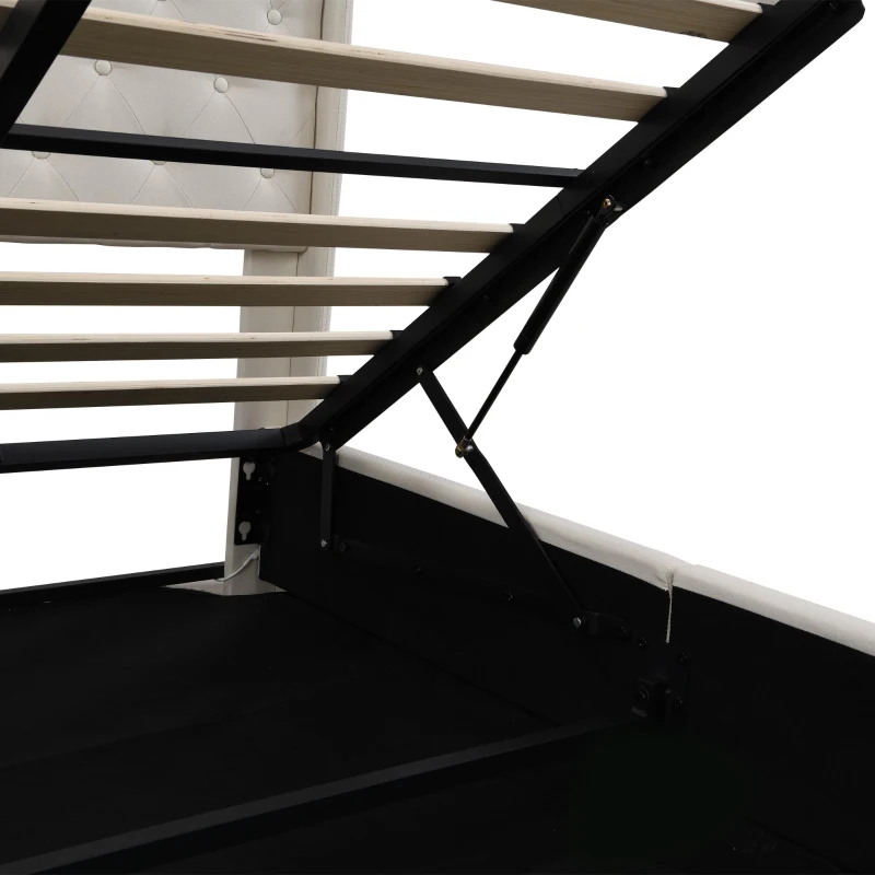 King Upholstered Bed Frame with Hydraulic Storage, LED Lighting and Charging Station, Linen Ottoman Bed with USB and Type-C Ports, 212L x 156W x 113H cm, Beige