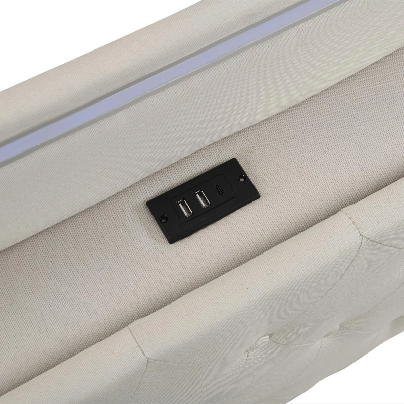 Double Upholstered Bed Frame with Hydraulic Storage, LED Lighting and Charging Station, Linen Ottoman Bed with USB and Type-C Ports, 202L x 141W x 113H cm, Beige