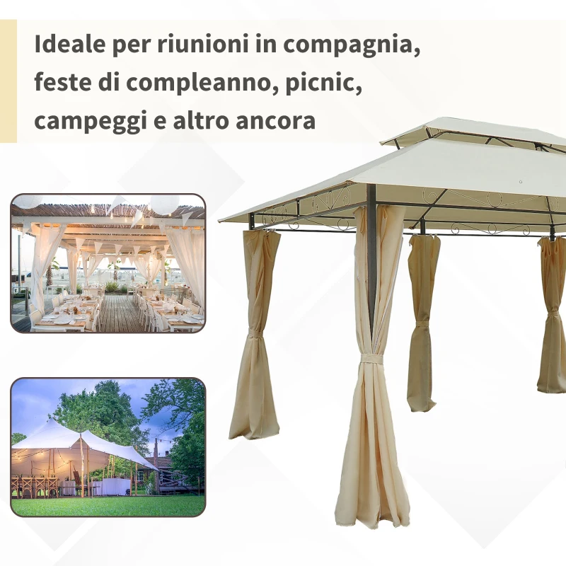 Outsunny Gazebo da Giardino 3x4 m con Tende e Tetto a 2 Livelli Bianco Crema