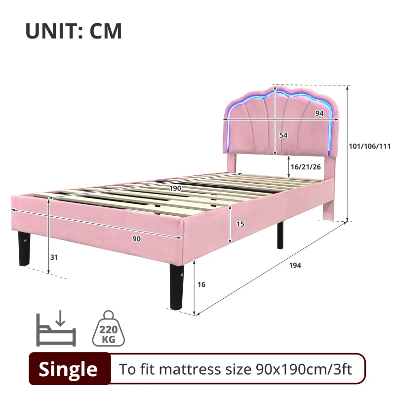 Single Upholstered Bed with LED Adjustable Shell Headboard, Charging Station, Perfect for Sophisticated and Modern Bedroom, 194L x 94W x 111H cm, Pink