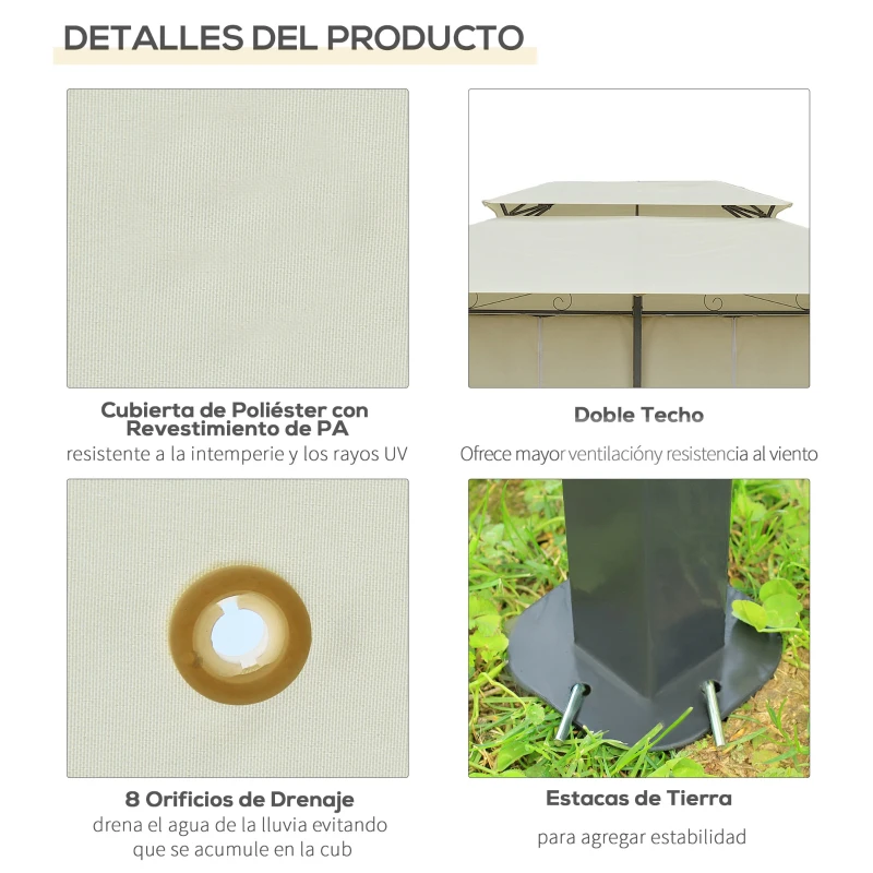 Outsunny Gazebo de Exterior 3x4 m con Paredes Laterales Doble Techo 6 Puertas con Cremallera y 8 Orificios de Drenaje Crema