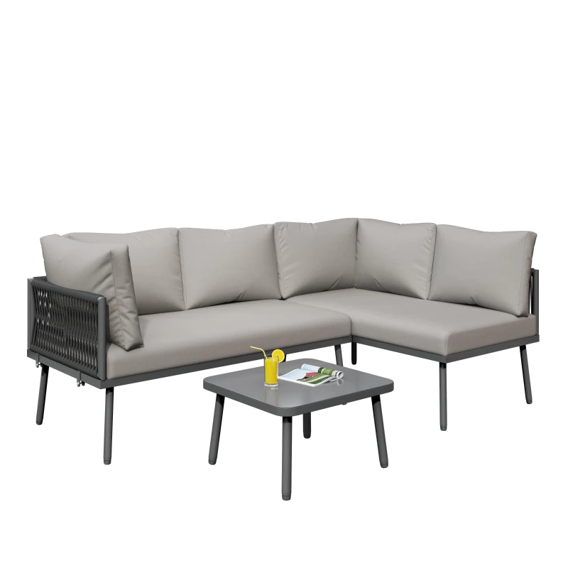 Modern Space-Saving L-Shaped Corner Sofa with Glass Coffee Table, Outdoor Garden Lounge Set for 4-5 People, 120L x 60W x 86H cm, Grey