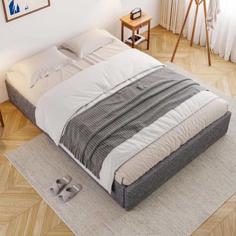 Storage Bed with 4 Drawers, Upholstered Double Bed with Iron Frame and Wooden Slats, 193.5 x 141W x 30H cm, Grey