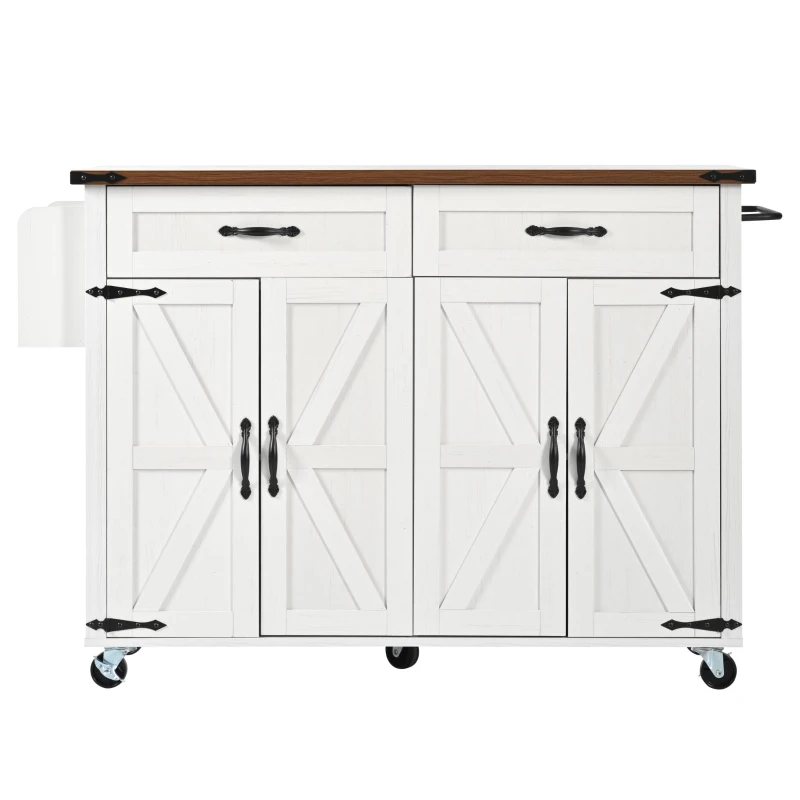 Farmhouse Style Kitchen Island Trolley with Adjustable Shelf, Cabinets and Drawers, Modern Rolling Storage Cabinet, 140L x 73W x 90.5H cm, White