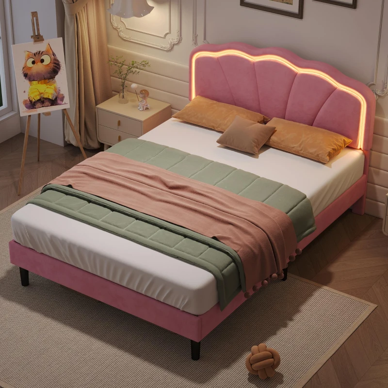 Double Upholstered Bed with LED Adjustable Shell Headboard, Charging Station, Perfect for Sophisticated and Modern bedroom, 194L x 139W x 111H cm, Pink
