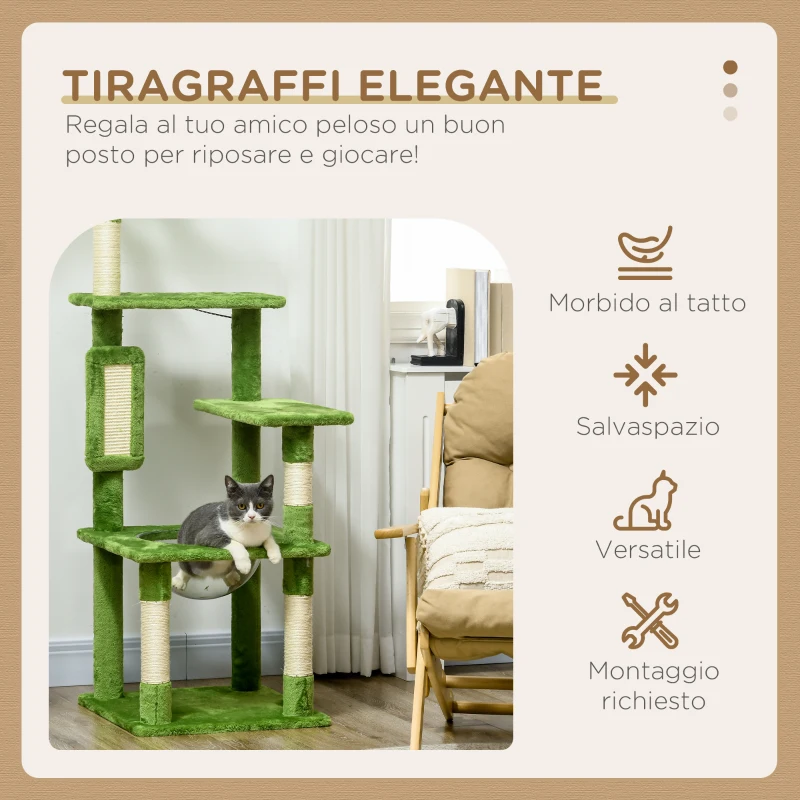 PawHut Albero per Gatti Multilivello con Amaca, Tiragraffi, Pallina e Foglie Decorative, 49x49x142 cm, Verde