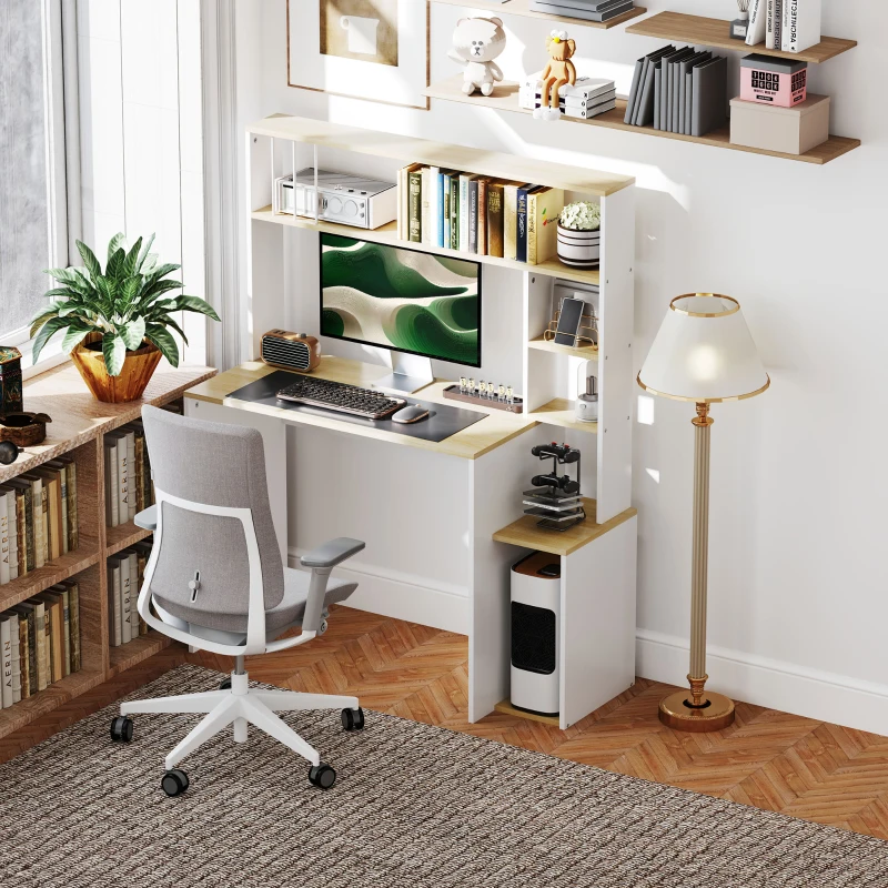 HOMCOM Birou pentru Computer cu Etajeră și Rafturi Deschise, 113x45x138,5 cm, Alb