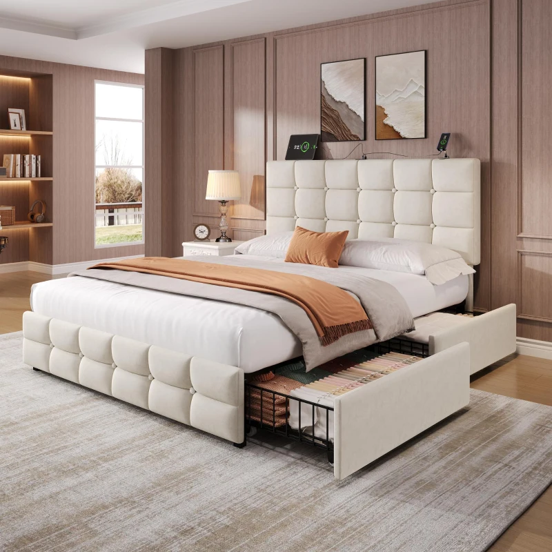 Double Upholstered Bed with 4 Storage Drawers and Charging Station, Adjustable Button Tufted Headboard, Velvet Frame, 195L x 142W x 108H cm, Beige