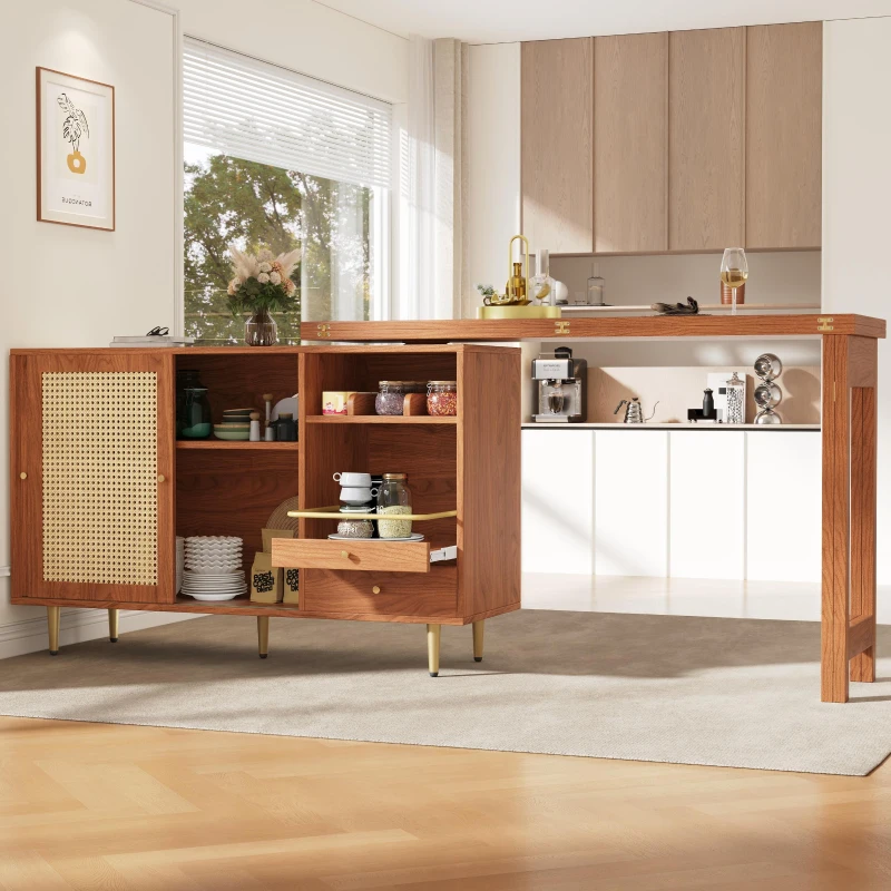 360° Rotating Bar Table with Expandable Design, Open Shelf, Rattan Door, Storage Cabinet for Kitchen, Living Room, 187L x 80W x 76H cm, Brown