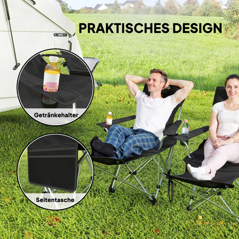 Outsunny Zestaw 2 składanych krzeseł campingowych z odłączaną podnóżkiem i uchwytem na napój, obciążenie do 120 kg, Czarne