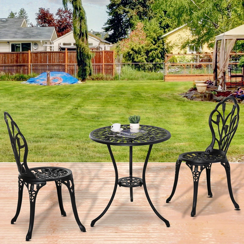 Outsunny Set de Jardín 3 Piezas con Mesa Redonda Ø60x67 cm y 2 Sillas 42,5x47,5x89 cm Mesa con Orificio para Sombrilla Negro