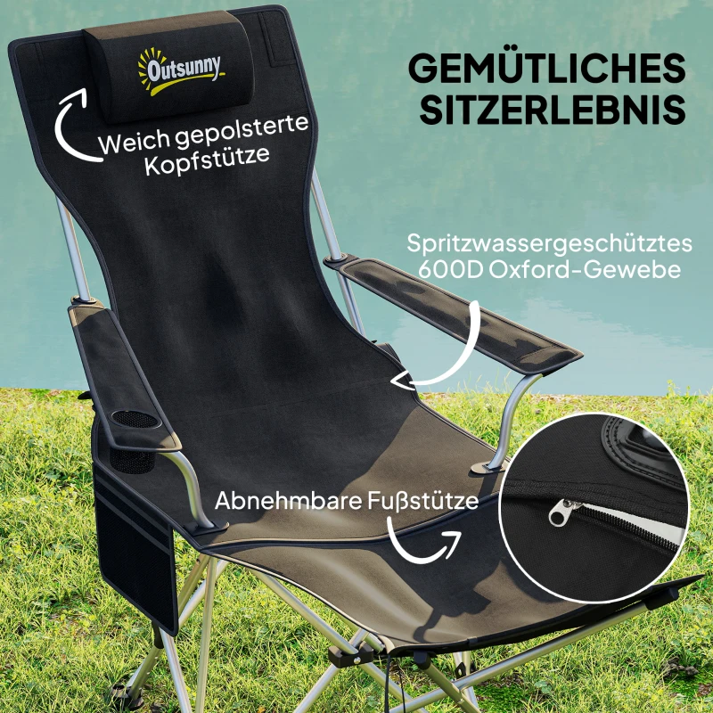 Outsunny 2er Set Campingstuhl faltbar Angelstuhl mit abnehmbar Fußstütze Getränkehalter belastbar 120 kg Schwarz