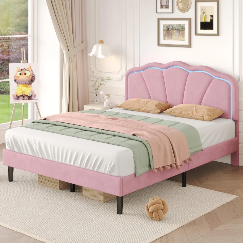 Double Upholstered Bed with LED Adjustable Shell Headboard, Charging Station, Perfect for Sophisticated and Modern bedroom, 194L x 139W x 111H cm, Pink