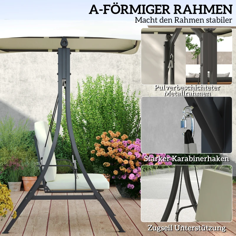 Outsunny Hollywoodschaukel mit verstellbarem Sonnendach Sitzauflage, 2-Sitzer bis 220kg 150x120x182cm, Cremeweiß(m-6)
