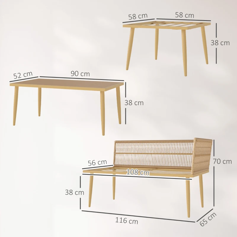 Outsunny Conjunto de Jardim de Vime Sintético de 4 Peças com 2 Sofás de 2 Lugares 1 Apoio para os Pés 1 Mesa de Centro Madeira e Creme