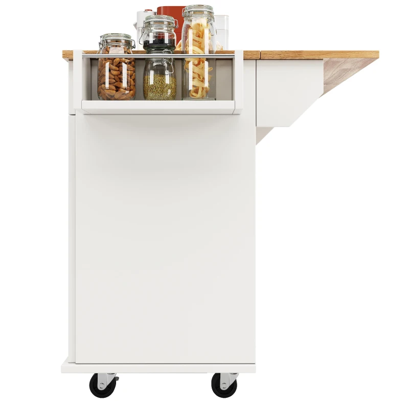 Waterproof Kitchen Island Trolley with Rolling Casters, Adjustable Shelf, Elegant Kitchen Cart with Folding Side Board, 128L x 78W x 90.5H cm, White