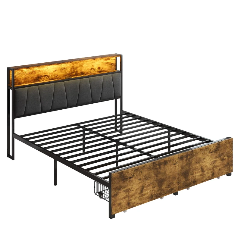 Double Bed Frame with Storage Drawers, RGB LED Headboard and Charging Station, 205L x 136W x 116H cm, Black + Dark Walnut