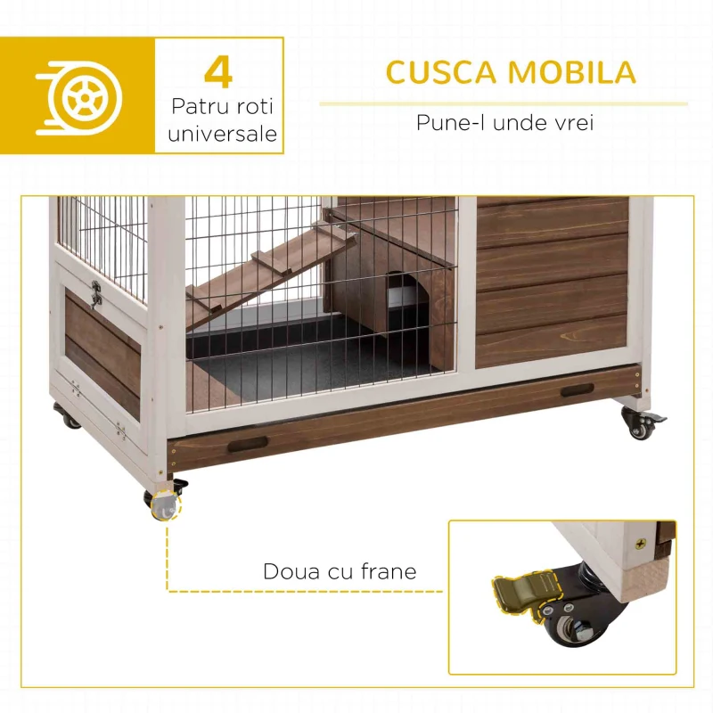 PawHut Cușcă pentru Iepuri și Porcușori de Guineea cu 4 Roți, Rampă și Tavă Detașabilă, 90x53x59 cm, Maro