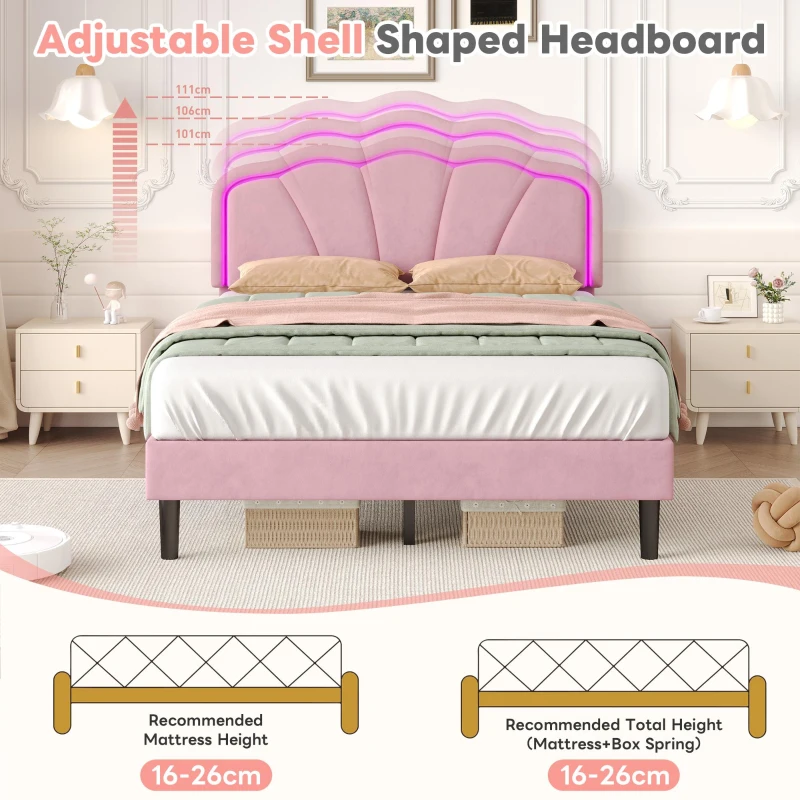 Double Upholstered Bed with LED Adjustable Shell Headboard, Charging Station, Perfect for Sophisticated and Modern bedroom, 194L x 139W x 111H cm, Pink