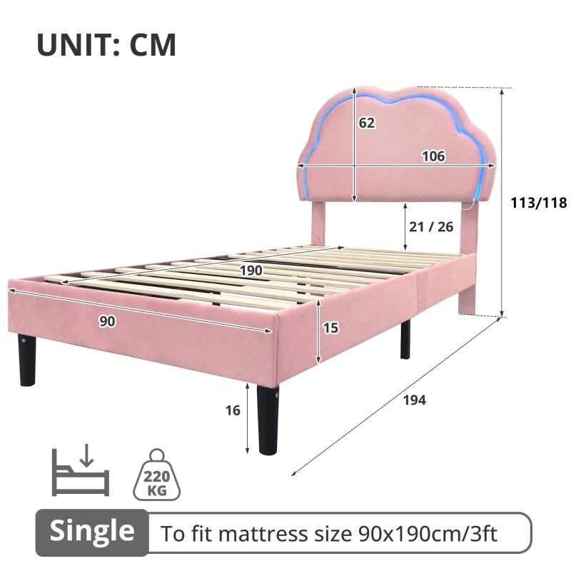 Single Upholstered Bed with Adjustable Cloud Headboard and RGB LED, Perfect for Sophisticated and Modern Bedroom, 194L x 106W x 118H cm, Pink