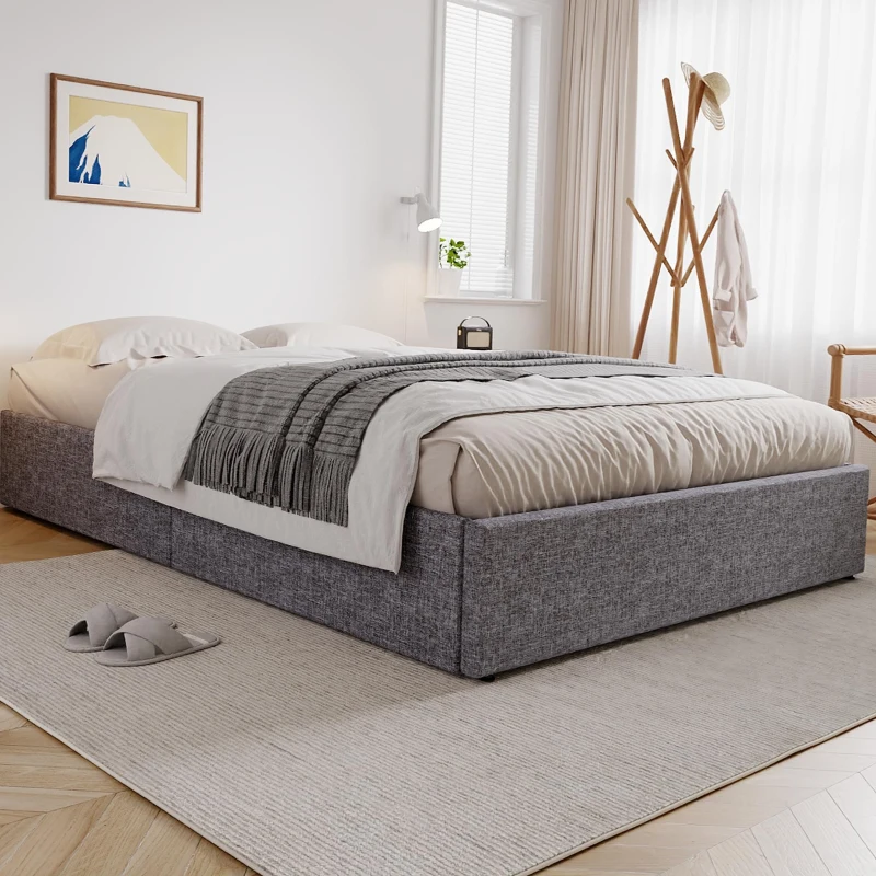 Storage Bed with 4 Drawers, Upholstered Double Bed with Iron Frame and Wooden Slats, 193.5 x 141W x 30H cm, Grey