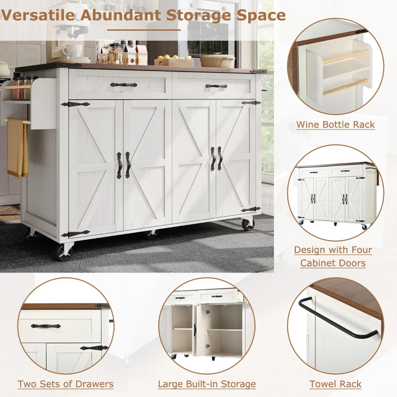 Farmhouse Style Kitchen Island Trolley with Adjustable Shelf, Cabinets and Drawers, Modern Rolling Storage Cabinet, 140L x 73W x 90.5H cm, White