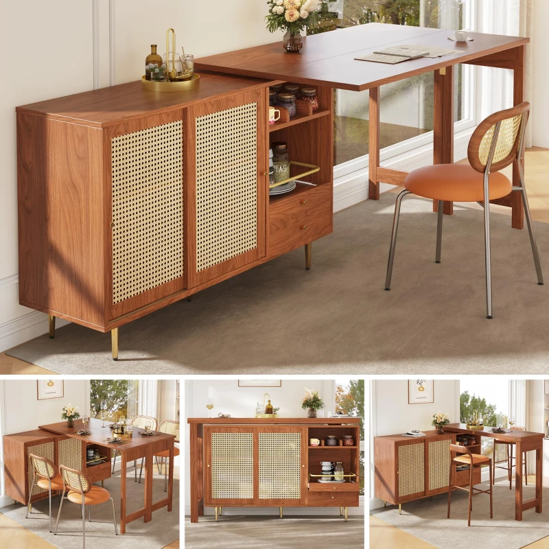 360° Rotating Bar Table with Expandable Design, Open Shelf, Rattan Door, Storage Cabinet for Kitchen, Living Room, 187L x 80W x 76H cm, Brown