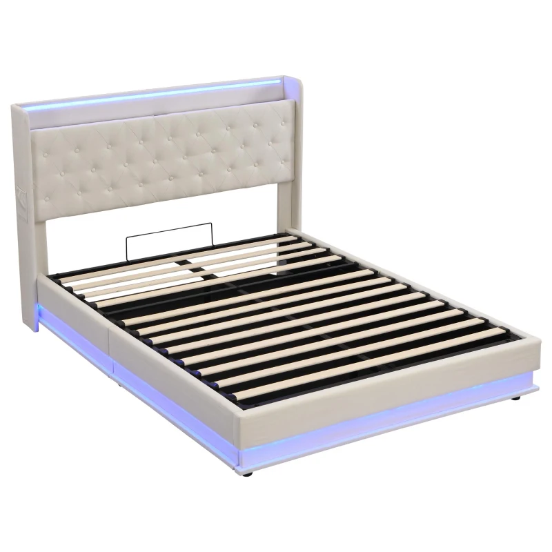 King Upholstered Bed Frame with Hydraulic Storage, LED Lighting and Charging Station, Linen Ottoman Bed with USB and Type-C Ports, 212L x 156W x 113H cm, Beige