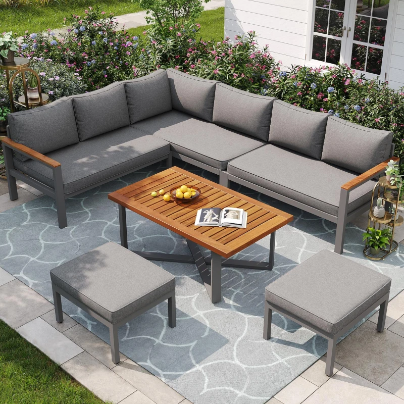 Space-Saving L-Shaped Sofa with Wooden Coffee Table, Stool Table Boxes, Outdoor Garden Lounge Set for 7-8 People, 115L x 60W x 78.5H cm, Grey