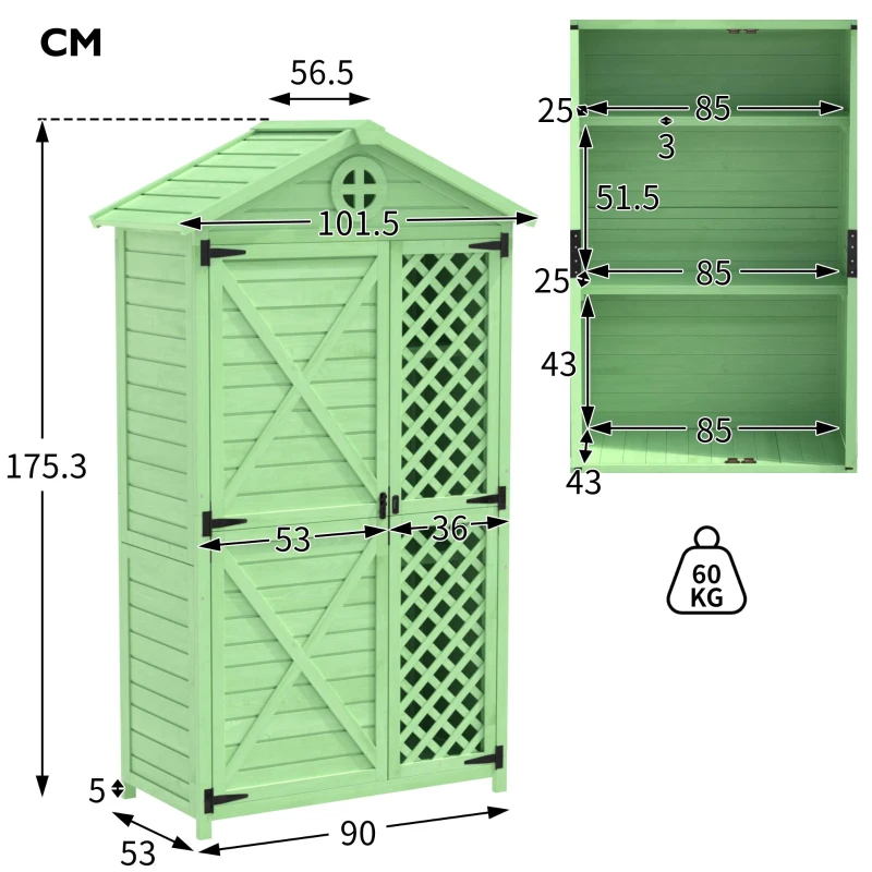 Weatherproof Fir Wood Tool House with Ventilation, Stable Construction, Outdoor Wood Garden Storage Shed, 90L x 56.5W x 175.5H cm, Green