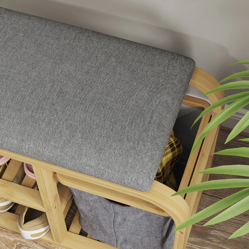 HOMCOM Panca Scarpiera da Ingresso con Seduta Imbottita, Design a Doghe e Cestino Estraibile, 70x30x45 cm, Legno