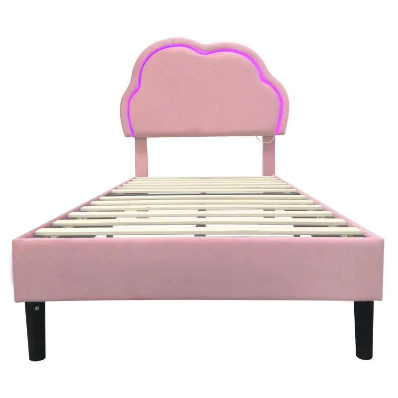 Single Upholstered Bed with Adjustable Cloud Headboard and RGB LED, Perfect for Sophisticated and Modern Bedroom, 194L x 106W x 118H cm, Pink