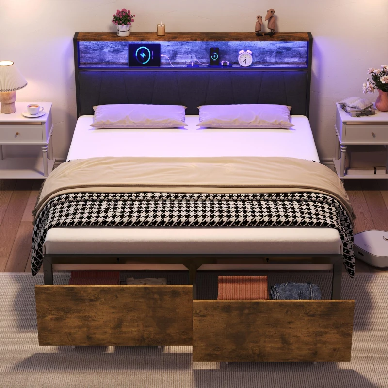 Double Bed Frame with Storage Drawers, RGB LED Headboard and Charging Station, 205L x 136W x 116H cm, Black + Dark Walnut