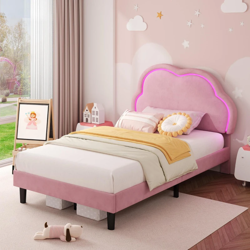 Single Upholstered Bed with Adjustable Cloud Headboard and RGB LED, Perfect for Sophisticated and Modern Bedroom, 194L x 106W x 118H cm, Pink