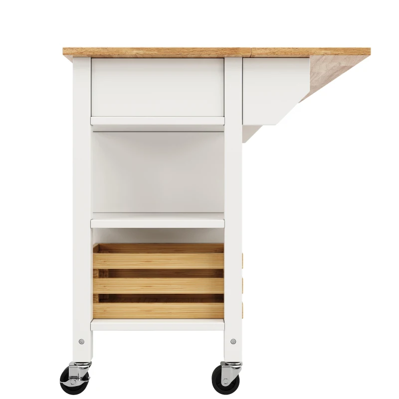 Rolling Kitchen Island Trolley with Adjustable Shelf, 3 Drawers, Spice Rack, and Folding Side Board, 120L x 45W x 90H cm, White