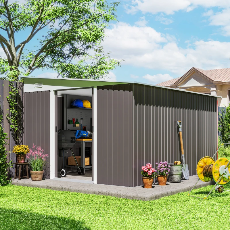 Outsunny Casetta da Giardino con Porta Scorrevole, in Acciaio, 345x280.5x169-201cm, Grigio