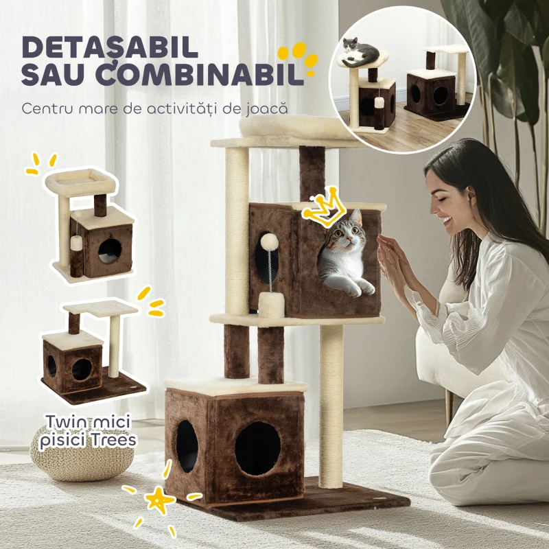PawHut Ansamblu de Joacă pentru Pisici cu 2 Căsuțe, Pat, Platforme de Sărit și Minge de Joacă, 55x48x107 cm, Multicolor