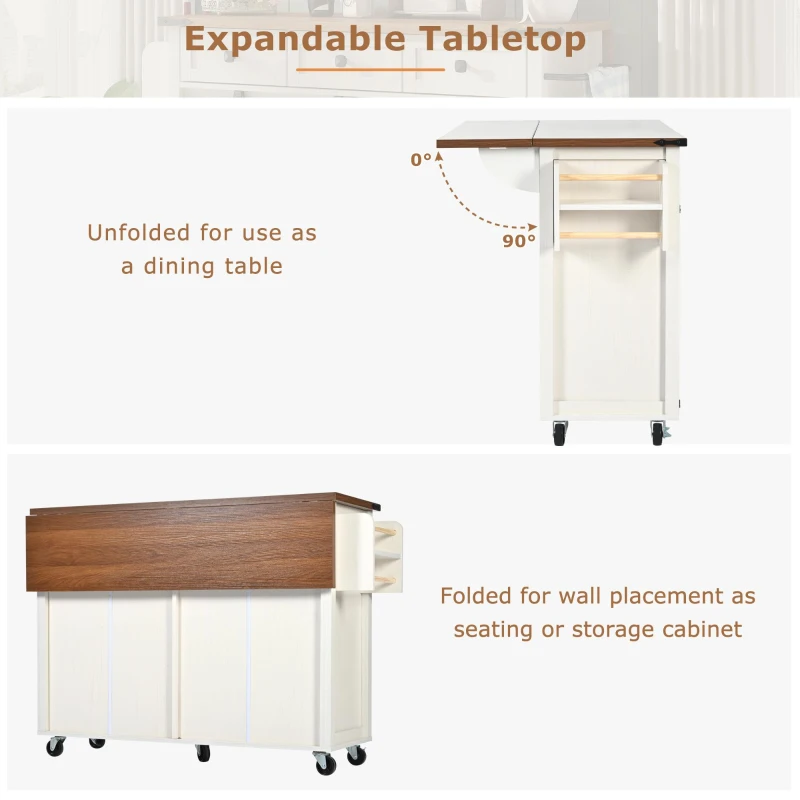 Farmhouse Style Kitchen Island Trolley with Adjustable Shelf, Cabinets and Drawers, Modern Rolling Storage Cabinet, 140L x 73W x 90.5H cm, White