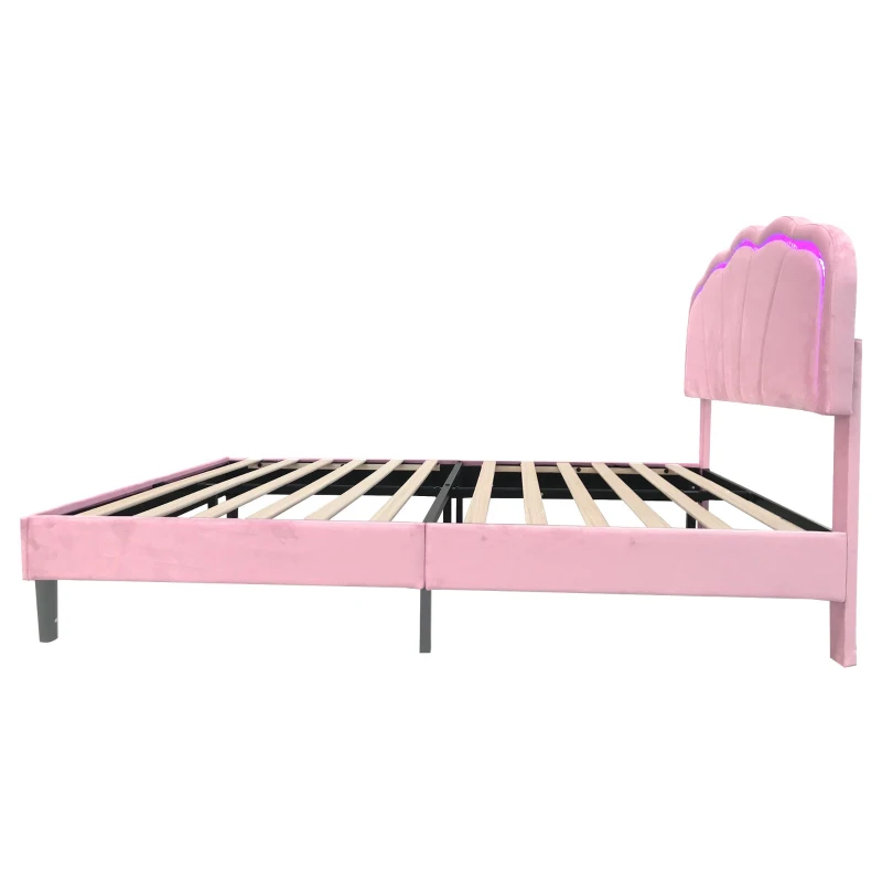 Double Upholstered Bed with LED Adjustable Shell Headboard, Charging Station, Perfect for Sophisticated and Modern bedroom, 194L x 139W x 111H cm, Pink